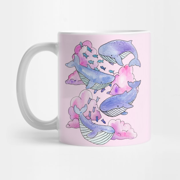 Whales & Fish Swimming Within Dreamy Pink & Purple Clouds by Milamoo